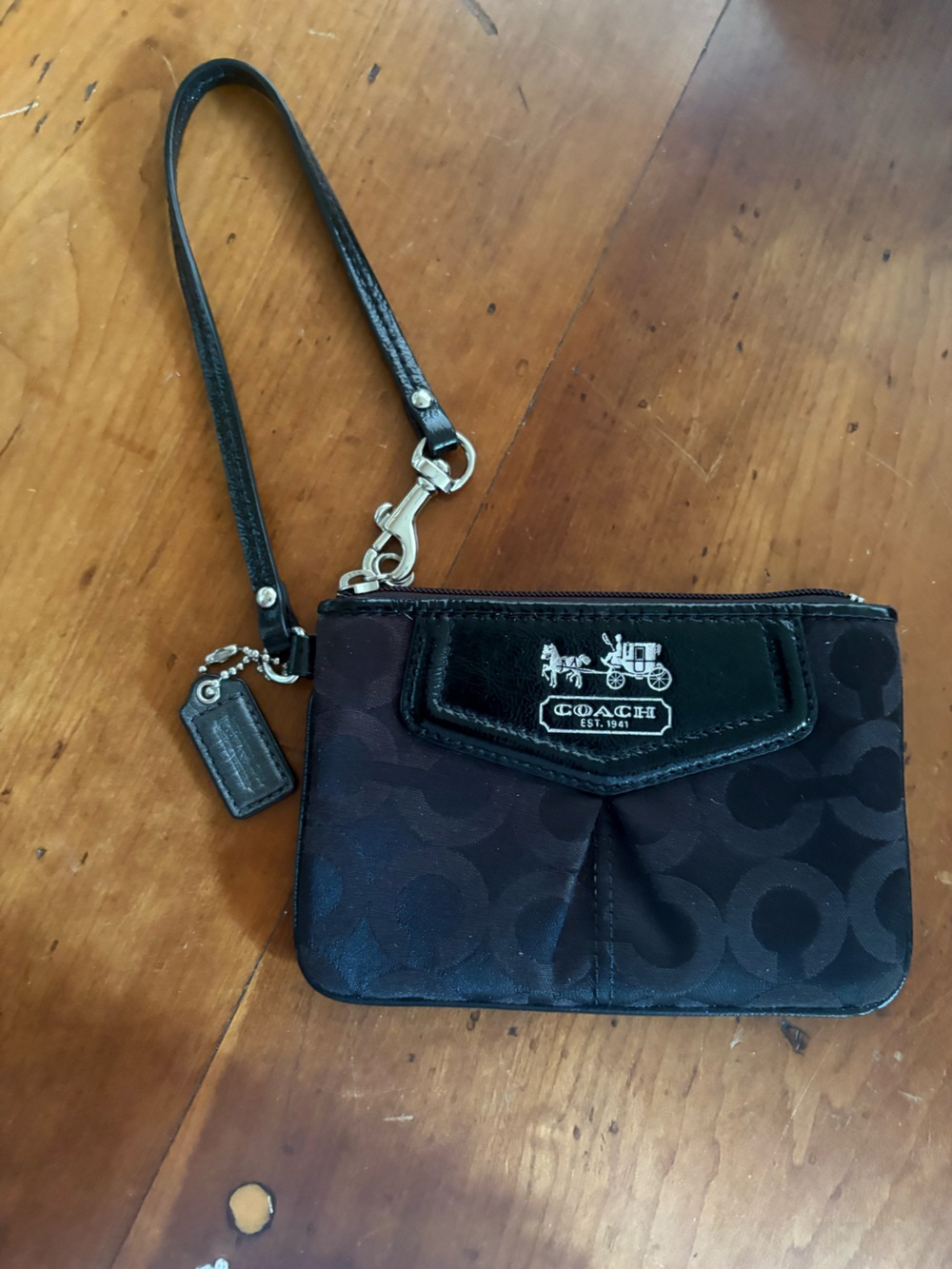Coach Mini Wristlet Madison OP Art Black Signature Canvas Leather Sateen-Zip See